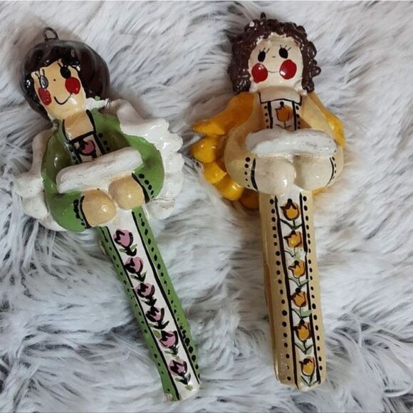 VINTAGE‎ Tree Ornaments Set of Two Clothespin Angels Handcrafted 1975 - Picture 4 of 5